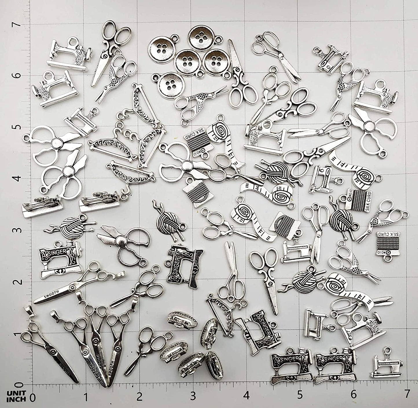 68 PCS Silver Sewing Charms Collection - Mix Antique Scissor Pipe Yarn Clew Button Pendant Metal Supplies Findings for Jewelry Making (HM3)