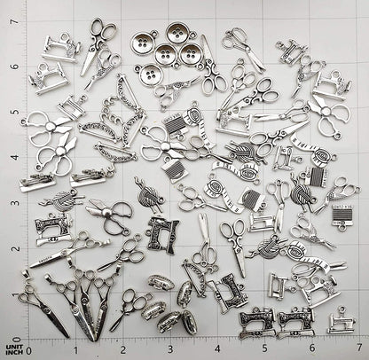 68 PCS Silver Sewing Charms Collection - Mix Antique Scissor Pipe Yarn Clew Button Pendant Metal Supplies Findings for Jewelry Making (HM3)