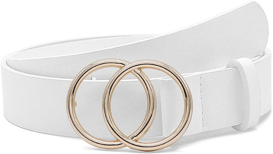 Women Leather Belt Fashion Double O-Ring Soft Faux Leather Waist Belts for Jeans Dress Apparel & Accessories > Clothing Accessories > Belts SUOSDEY D-white/Fixed Buckle XXXL: 51''-54'' Waist Size 