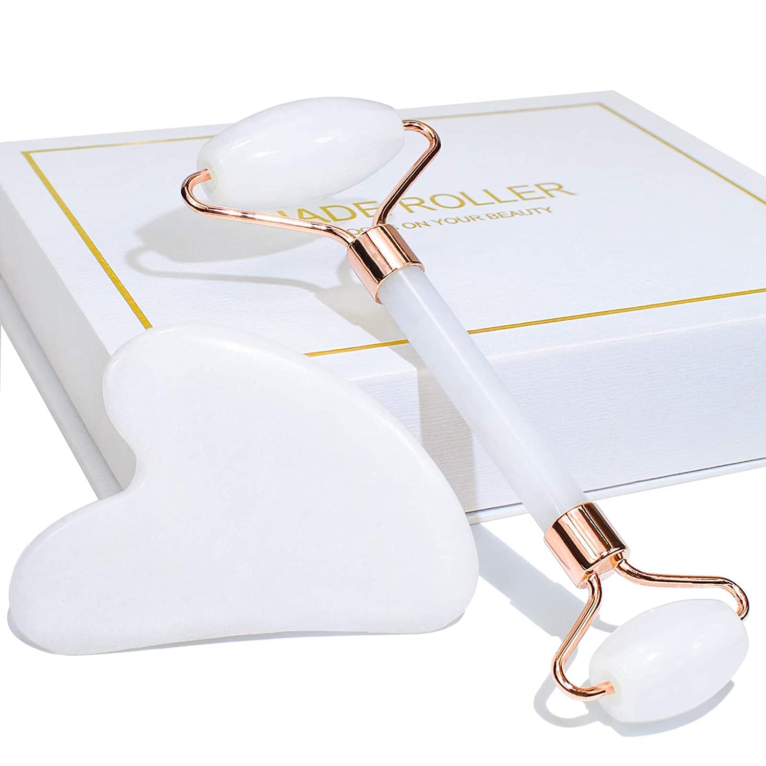 Jade Roller & Gua Sha, Face Roller, Facial Beauty Roller Skin Care Tools, BAIMEI Rose Quartz Massager for Face, Eyes, Neck, Body Muscle Relaxing and Relieve Fine Lines and Wrinkles Health & Beauty > Personal Care > Cosmetics > Cosmetic Tools > Skin Care Tools BAIMEI b-2pcs-white  