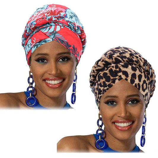 Woeoe African Turban Leopard Print Stretch Headwear Print Pattern Head Scarf Elastic Beanie Cap Head Wrap for Women and Girls(2 Pieces) Red Apparel & Accessories > Clothing Accessories > Headwear Woeoe Red  
