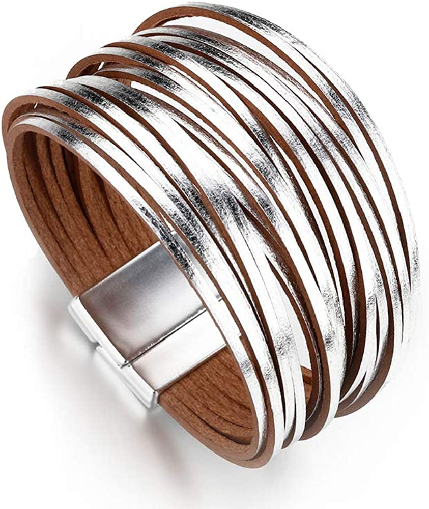 Fesciory Leather Wrap Bracelet for Women, Leopard Multi-Layer Magnetic Buckle Cuff Bracelet Jewelry Apparel & Accessories > Jewelry > Bracelets Fesciory B13-Short Silver  