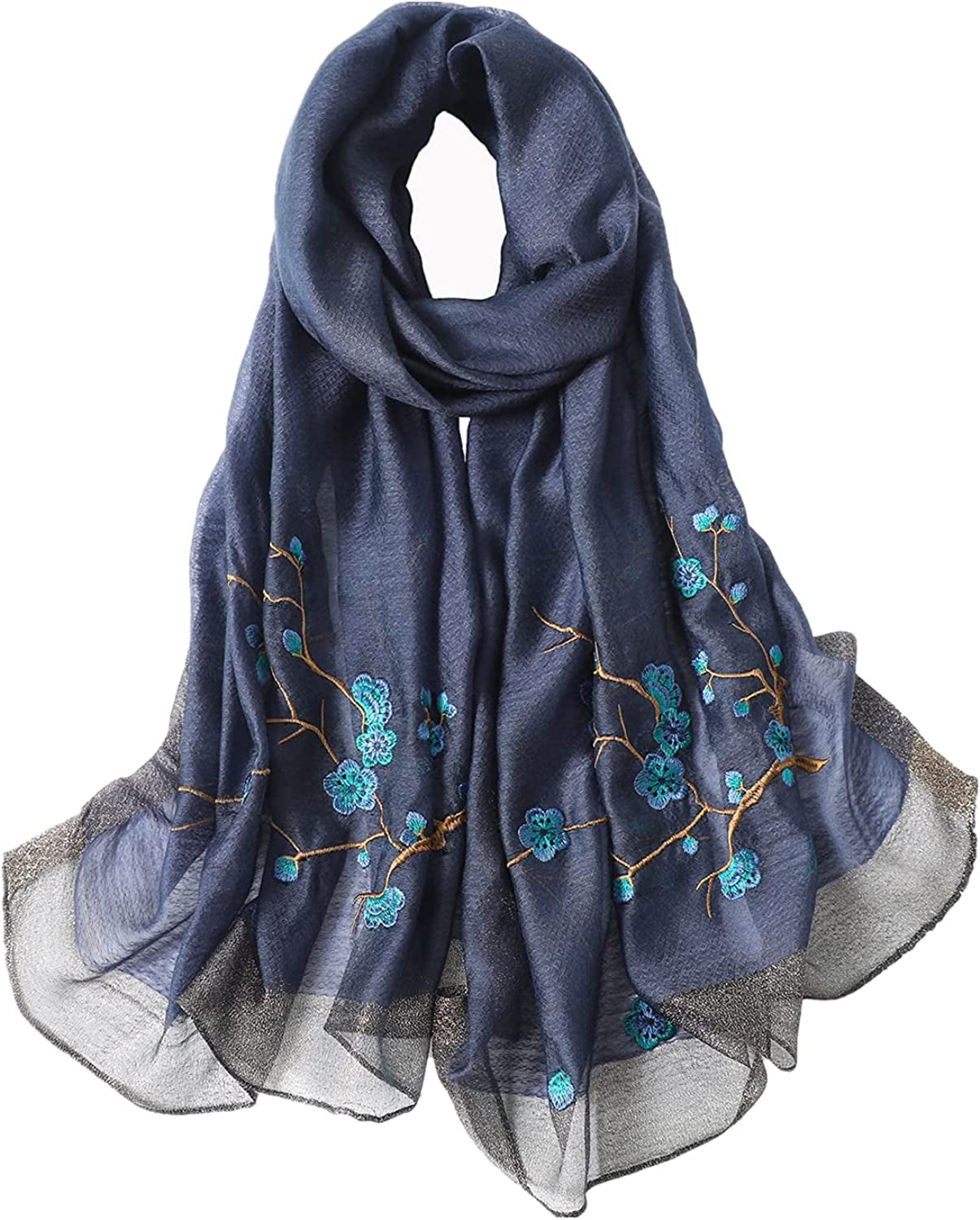 WINCESS YU Women Mulberry Silk Scarf Long & Large Embroidered Floral Pattern Shawl and Wraps Neckerchief for Hair & Neck Apparel & Accessories > Clothing Accessories > Scarves & Shawls WINCESS.YU Blue  