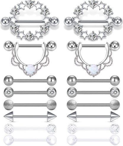 LAURITAMI Nipple Rings for Women Nipple Piercing Jewelry 14G Nipple Rings Surgical Steel Nipple Jewelry Straight Barbell Tongue Rings for Women CZ Nipplering Piercing Jewelry Set Apparel & Accessories > Jewelry > Body Jewelry LAURITAMI B -silver  