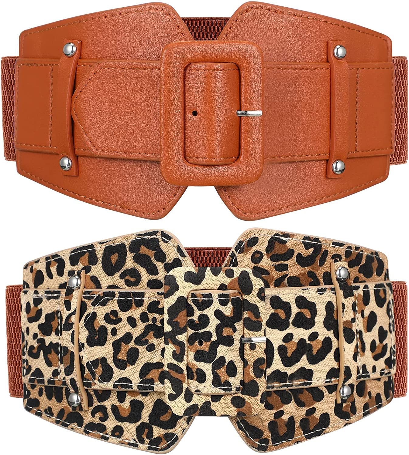 Women Wide Stretchy Cinch Belts Corset Belt Retro Chunky Buckle Belts Waist Belt Waistband for Dresses Coats Apparel & Accessories > Clothing Accessories > Belts Geyoga Camel, Leopard  