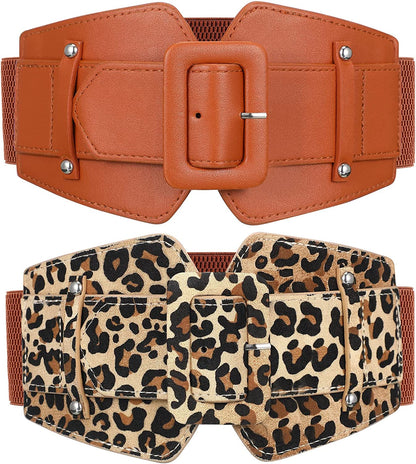 Women Wide Stretchy Cinch Belts Corset Belt Retro Chunky Buckle Belts Waist Belt Waistband for Dresses Coats Apparel & Accessories > Clothing Accessories > Belts Geyoga Camel, Leopard  