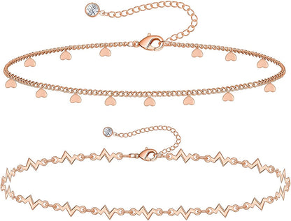 Gold Ankle Bracelets for Women 14K Gold Plated Anklet Silver Tennis Rose Quartz Cross Bead Herringbone Snake Paperclip Chain Cubic Zirconia Dainty Layered Anklet Set 3Pcs Apparel & Accessories > Jewelry > Anklets WeSparking ZL-Rose Gold-Heart Chain  