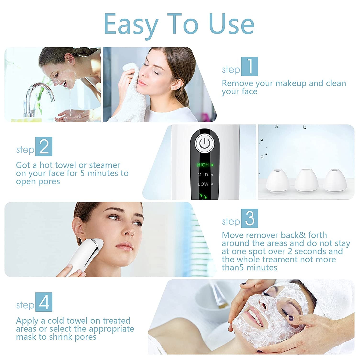 Blackhead Remover Pore Vacuum, Electric Facial Deep Cleaner, USB Rechargeable Male and Female Acne Whitehead Extraction Tool, 6 Suction Heads & 3 Adjustable Suction Health & Beauty > Personal Care > Cosmetics > Cosmetic Tools > Skin Care Tools TTozka   
