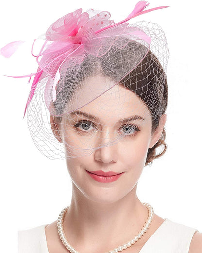 Fascinators Hats 20S 50S Hat Pillbox Hat Cocktail Tea Party Headwear with Veil for Girls and Women Apparel & Accessories > Clothing Accessories > Headwear Cizoe D-pink  