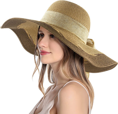 Muryobao Womens Sun Straw Hat Wide Brim UV UPF 50 Summer Hat Foldable Roll up Floppy Beach Cap for Women Apparel & Accessories > Clothing Accessories > Hats Muryobao Khaki-brown Mix  