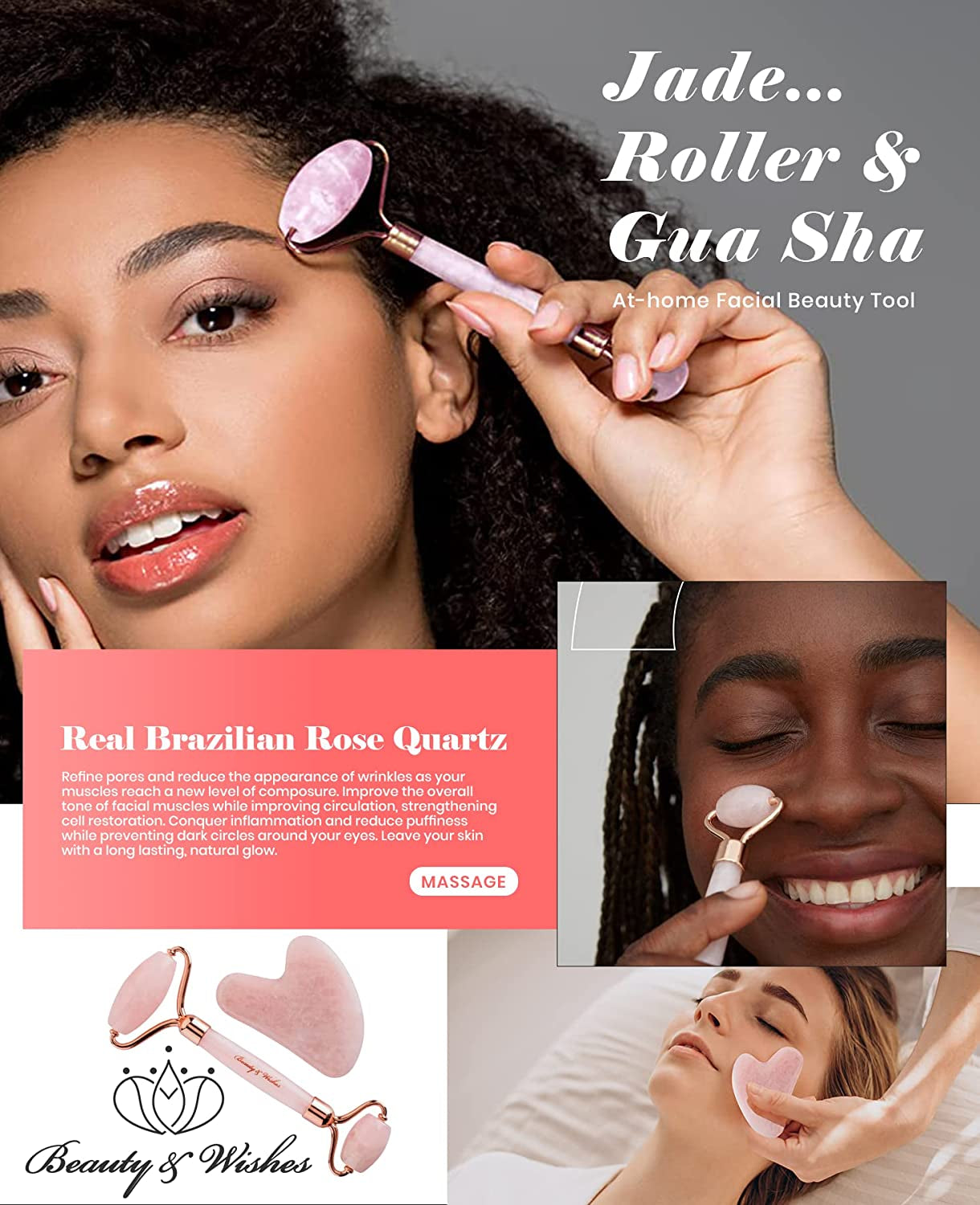 Jade Roller & Gua Sha for Face - 4 in 1 - Helps Reducing Puffiness, Wrinkles, Fine Lines - Authentic Brazilian Rose Quartz Face Massager Kit for Improved Skin Circulation, Drainage, Elasticity Health & Beauty > Personal Care > Cosmetics > Cosmetic Tools > Skin Care Tools BEAUTY & WISHES   
