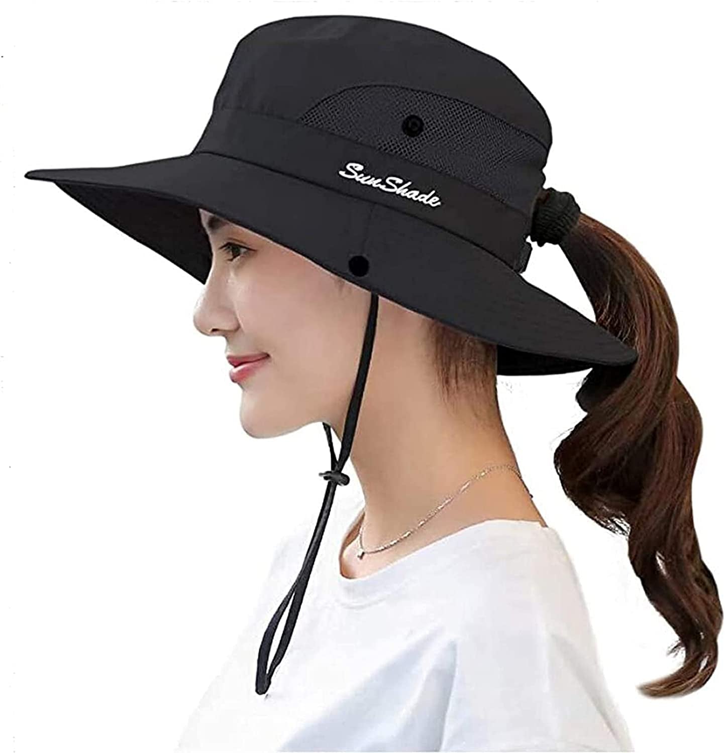 Sun Hat Womens Uv Protection Wide Brim Foldable Mesh Bucket Fishing Hat Ponytail Hole for Summer Hiking Swimming Beach Apparel & Accessories > Clothing Accessories > Hats UTOWO Black Medium 