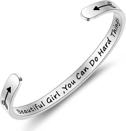 THEMEROL Meaningful Bracelet for Girls Women with Gift Box Birthday Gift for Daughter Sister Mother Best Friend Personalized Mantra Quote Jewelry Gift for Her Apparel & Accessories > Jewelry > Bracelets THEMEROL Beautiful girl you can do hard things  