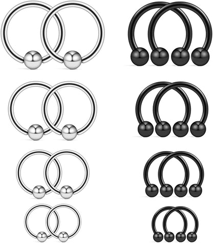 Ruifan 16-24PCS 16G Surgical Steel Horseshoe & Captive Bead Nose Hoop Septum Earring Eyebrow Tongue Lip Nipple Helix Tragus Piercing Jewelry Rings 6-16Mm Apparel & Accessories > Jewelry > Rings Ruifan 16PCS - Silver & Black  