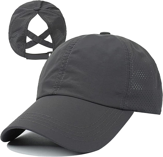 HGGE Womens Criss Cross Ponytail Baseball Cap Adjustable High Messy Bun Ponycap Quick Drying Hat Apparel & Accessories > Clothing Accessories > Hats HGGE Dark Grey  