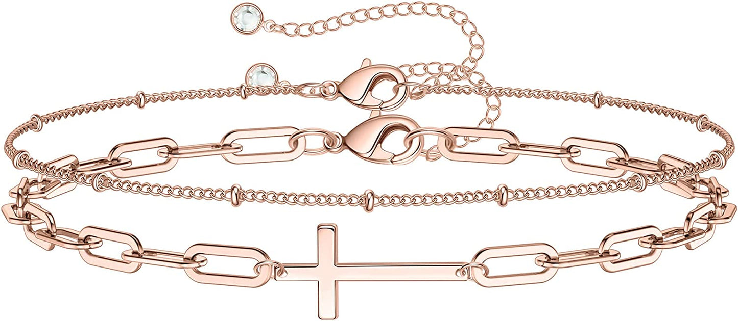 Dainty Gold Bracelets for Women, 14K Gold Filled Adjustable Layered Bracelet Cute Evil Eye Oval Chain Pearl Bar Turtle Gold Bracelets for Women Jewelry Apparel & Accessories > Jewelry > Bracelets Turandoss Beads Chain&Cross-Rose  