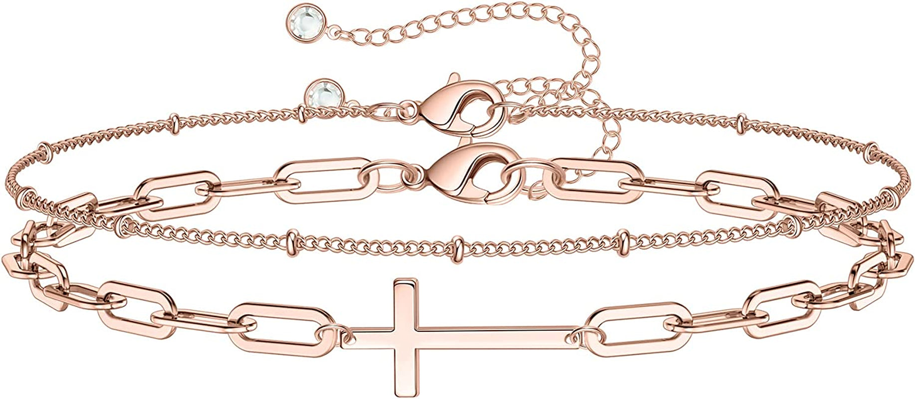 Dainty Gold Bracelets for Women, 14K Gold Filled Adjustable Layered Bracelet Cute Evil Eye Oval Chain Pearl Bar Turtle Gold Bracelets for Women Jewelry Apparel & Accessories > Jewelry > Bracelets Turandoss Beads Chain&Cross-Rose  