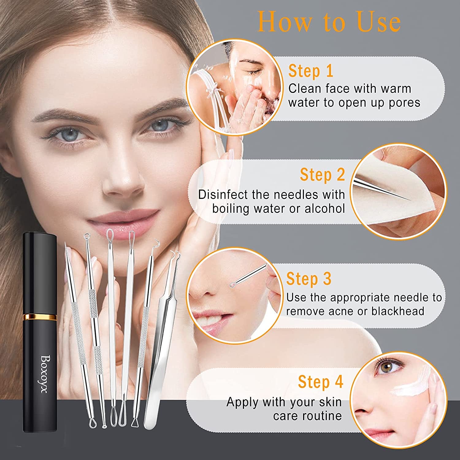 Boxoyx Pimple Popper Tool Kit - 6Pcs Blackhead Remover Comedone Extractor Tool Kit with Metal Case for Quick and Easy Removal of Pimples, Blackheads, Zit Removing, Forehead, Facial and Nose(Silver) Health & Beauty > Personal Care > Cosmetics > Cosmetic Tools > Skin Care Tools Boxoyx   