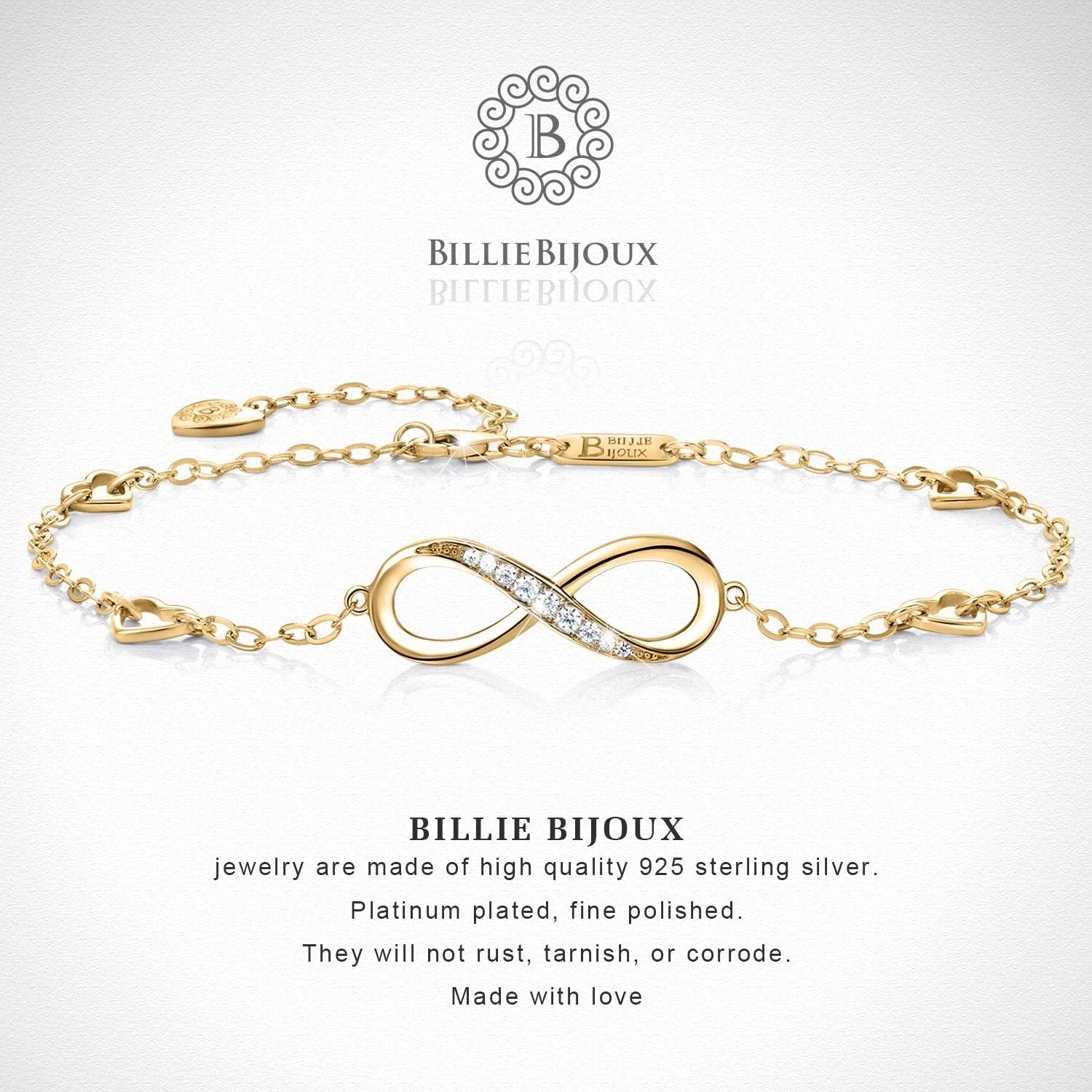 Billie Bijoux Womens 925 Sterling Silver Infinity Anklet Bracelet Endless Love Symbol Charm Adjustable Large Bracelet Mother'S Day Gift for Women Apparel & Accessories > Jewelry > Anklets Billie Bijoux   