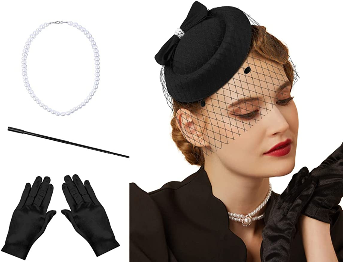 Fascinators Hats 20S 50S Hat Pillbox Hat Cocktail Tea Party Headwear with Veil for Girls and Women Apparel & Accessories > Clothing Accessories > Headwear Cizoe C-black Set-1  
