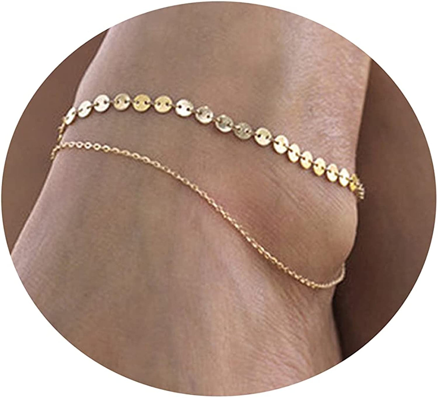 Pencros Dainty Layered Anklet,14K Gold Filled Cute Beads Satellite Chain Heart Boho Adjustable Anklets for Women Teen Girls Apparel & Accessories > Jewelry > Anklets Pencros Coin Chain-Gold  