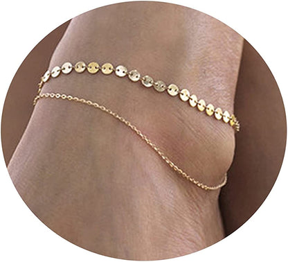 Pencros Dainty Layered Anklet,14K Gold Filled Cute Beads Satellite Chain Heart Boho Adjustable Anklets for Women Teen Girls Apparel & Accessories > Jewelry > Anklets Pencros Coin Chain-Gold  