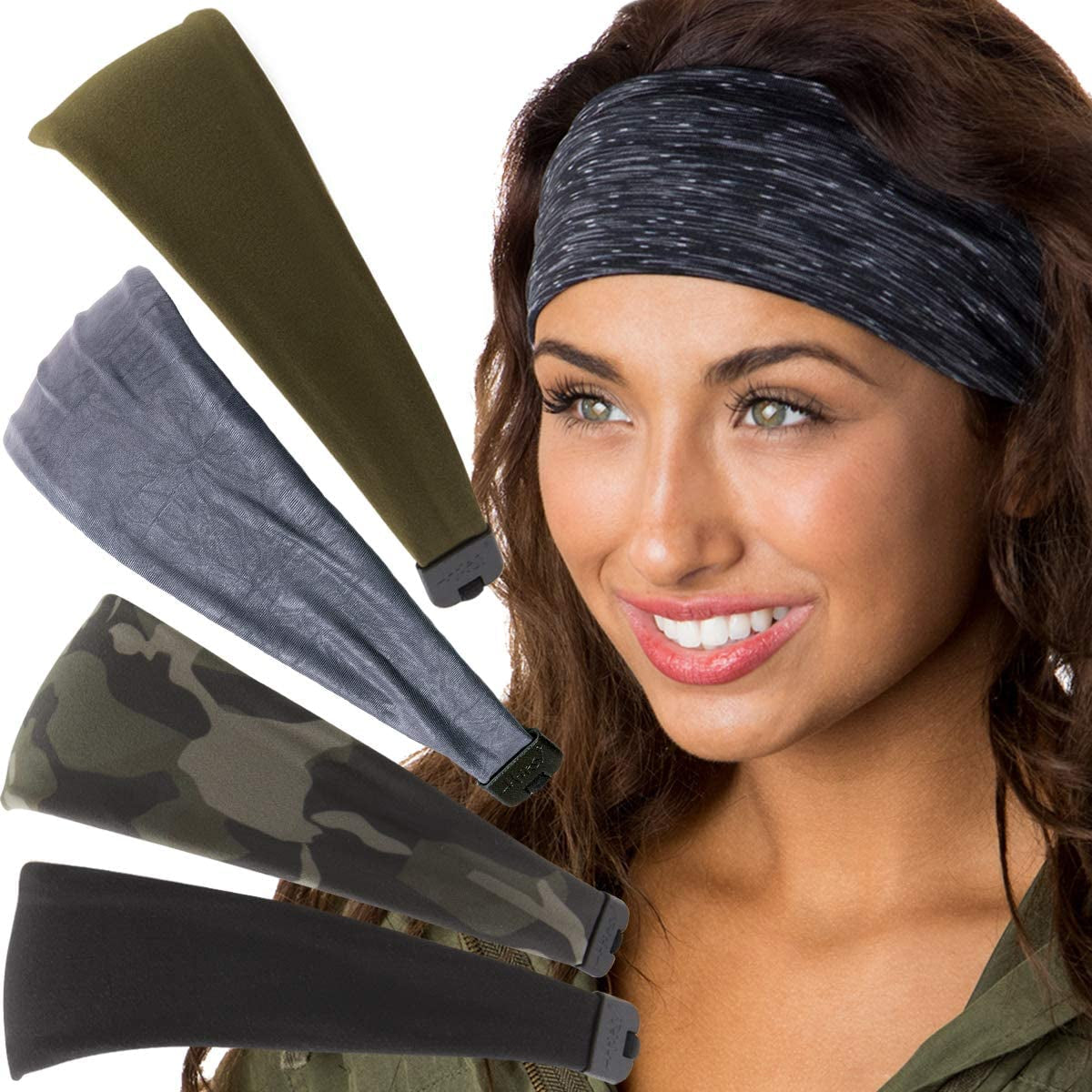 Hipsy Adjustable & Stretchy Printed Xflex Wide Headbands for Women Girls & Teens Apparel & Accessories > Clothing Accessories > Bandanas & Headties Hipsy Black/Large Camo/Grey/Black/Olive Xflex Multi 5pk  