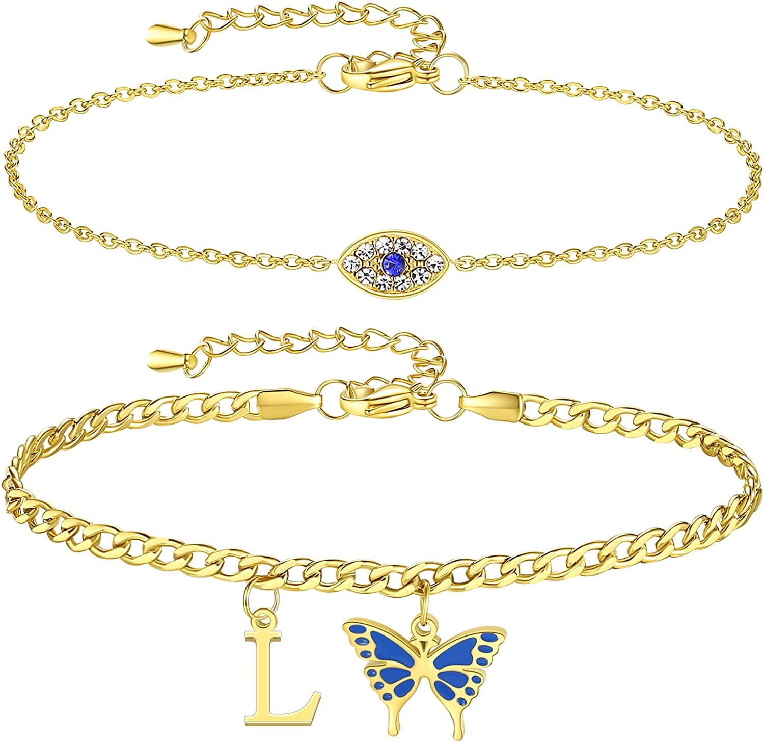 SAM & LORI 2 Pcs Anklets Set 18K Gold Plated Dainty Layered Personalized Initial Anklets Bracelets - Blue Butterfly - Sparkling CZ Evil Eye - Adjustable Summer Jewelry for Women Teen Girls Apparel & Accessories > Jewelry > Anklets SAM & LORI "Butterfly Evil Eye - L  