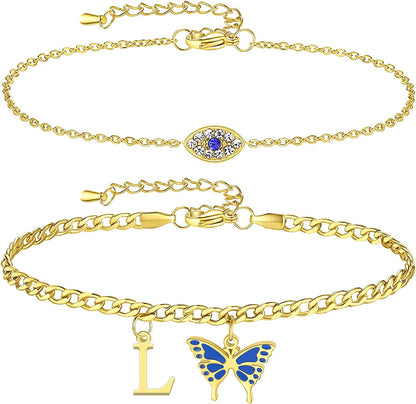 SAM & LORI 2 Pcs Anklets Set 18K Gold Plated Dainty Layered Personalized Initial Anklets Bracelets - Blue Butterfly - Sparkling CZ Evil Eye - Adjustable Summer Jewelry for Women Teen Girls Apparel & Accessories > Jewelry > Anklets SAM & LORI "Butterfly Evil Eye - L  