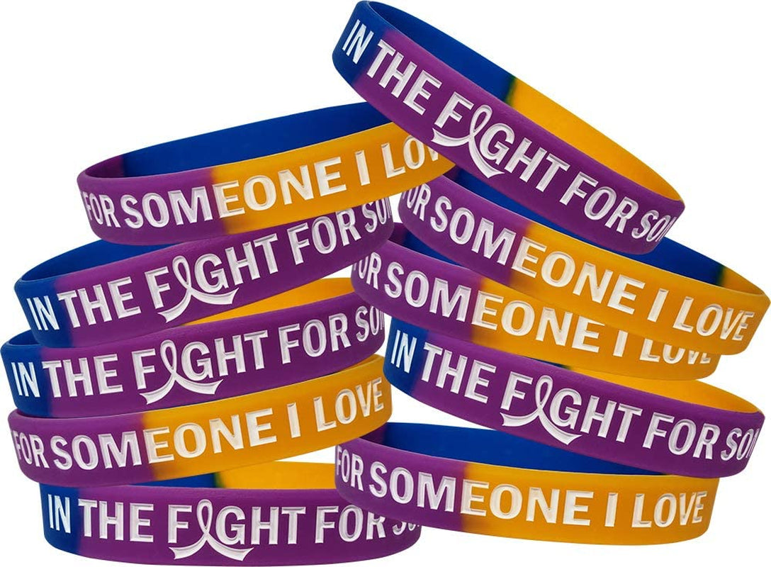 In the Fight for Someone I Love Silicone Wristband Bracelet Premium Quality 10-Pack (Assorted Colors) Apparel & Accessories > Jewelry > Bracelets Fight Like a Girl Blue, Purple, Marigold  