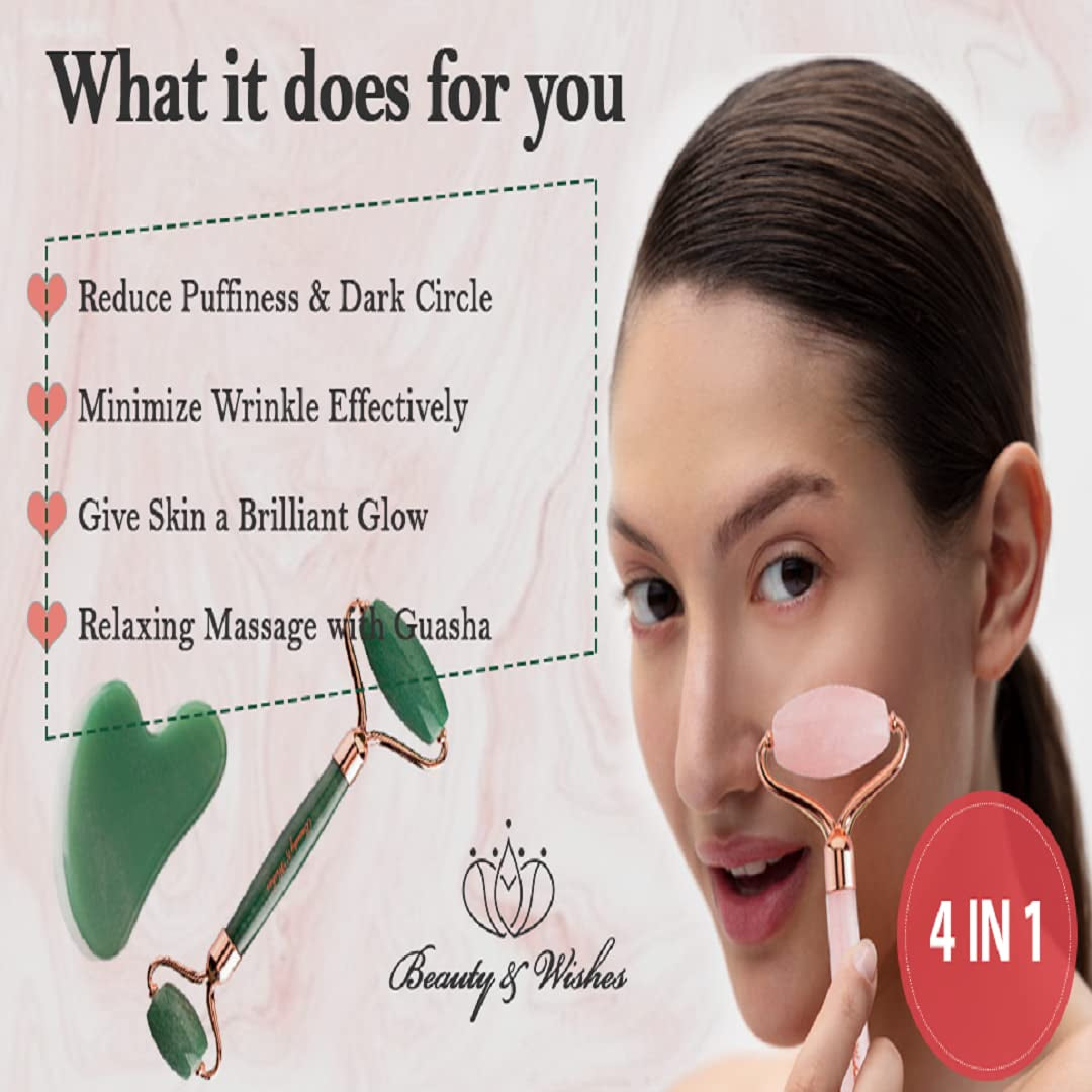 Jade Roller & Gua Sha for Face - 4 in 1 - Helps Reducing Puffiness, Wrinkles, Fine Lines - Authentic Brazilian Rose Quartz Face Massager Kit for Improved Skin Circulation, Drainage, Elasticity Health & Beauty > Personal Care > Cosmetics > Cosmetic Tools > Skin Care Tools BEAUTY & WISHES   