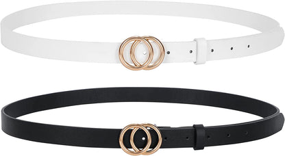 Double Ring Leather Belts for Women SANSTHS O-Style Gold Buckle Skinny Dress Belt 0.86 Inch Width for Jeans Pants Apparel & Accessories > Clothing Accessories > Belts SANSTHS L-black(gold Buckle)+white(gold Buckle) Fit Pants Size 48-52Inch 