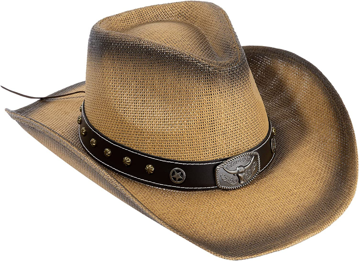 Livingston Men & Women'S Woven Straw Cowboy Hat W/Hat Band Apparel & Accessories > Clothing Accessories > Hats KYLIE MAX Brown Bull  