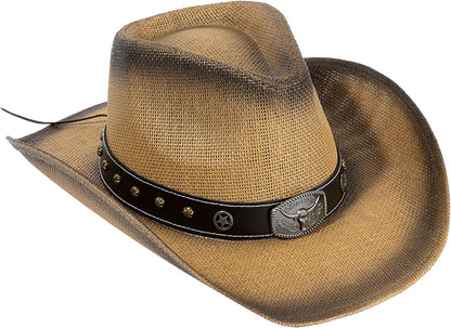 Livingston Men & Women'S Woven Straw Cowboy Hat W/Hat Band Apparel & Accessories > Clothing Accessories > Hats KYLIE MAX Brown Bull  