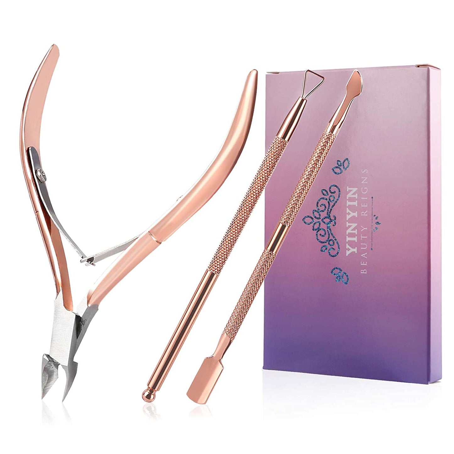 Cuticle Trimmer with Cuticle Pusher -YINYIN Cuticle Remover Cuticle Nippers Professional Stainless Steel Cuticle Pusher and Cutter Clippers Durable Pedicure Manicure Tools for Fingernails and Toenails Health & Beauty > Personal Care > Cosmetics > Cosmetic Tools > Nail Tools YINYIN D501-RoseGold  