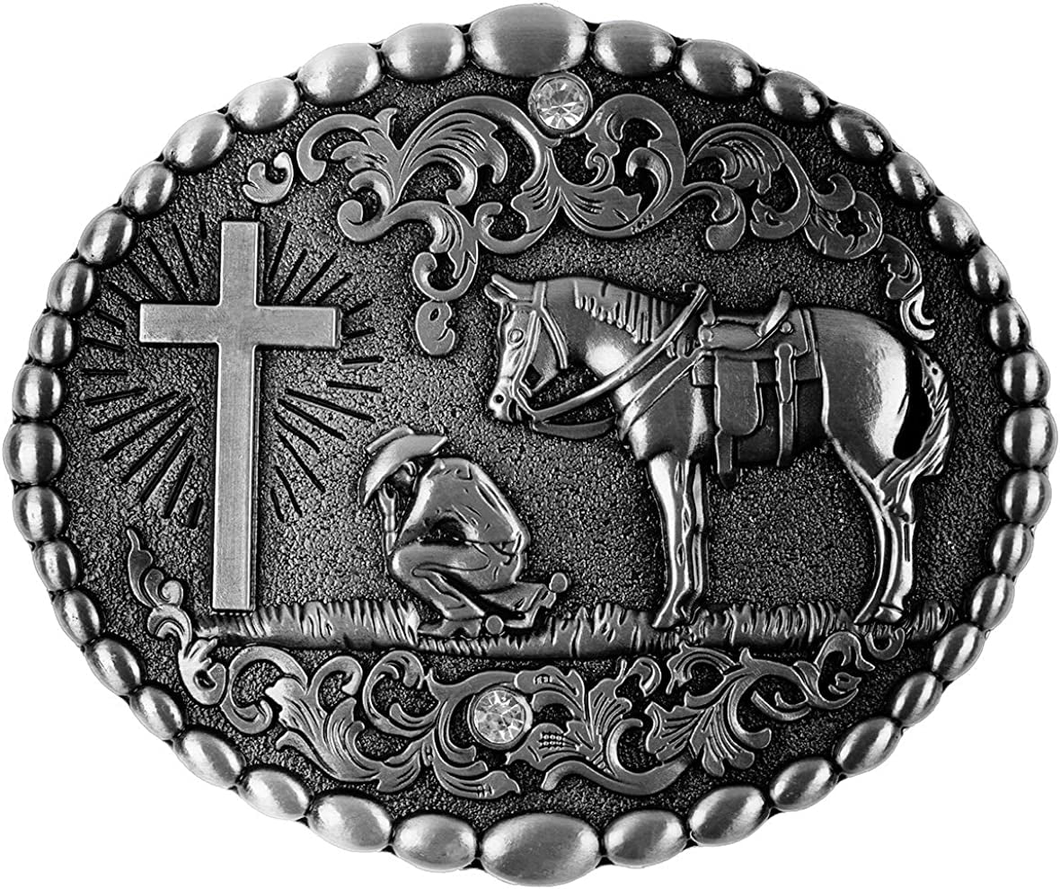 Moranse Religion Cross Cowboy Kneeling Prayer and Horse Design Belt Buckles Apparel & Accessories > Clothing Accessories > Belt Buckles Moranse Oval Silver  