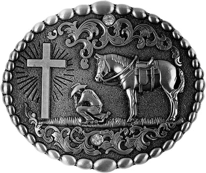 Moranse Religion Cross Cowboy Kneeling Prayer and Horse Design Belt Buckles Apparel & Accessories > Clothing Accessories > Belt Buckles Moranse Oval Silver  