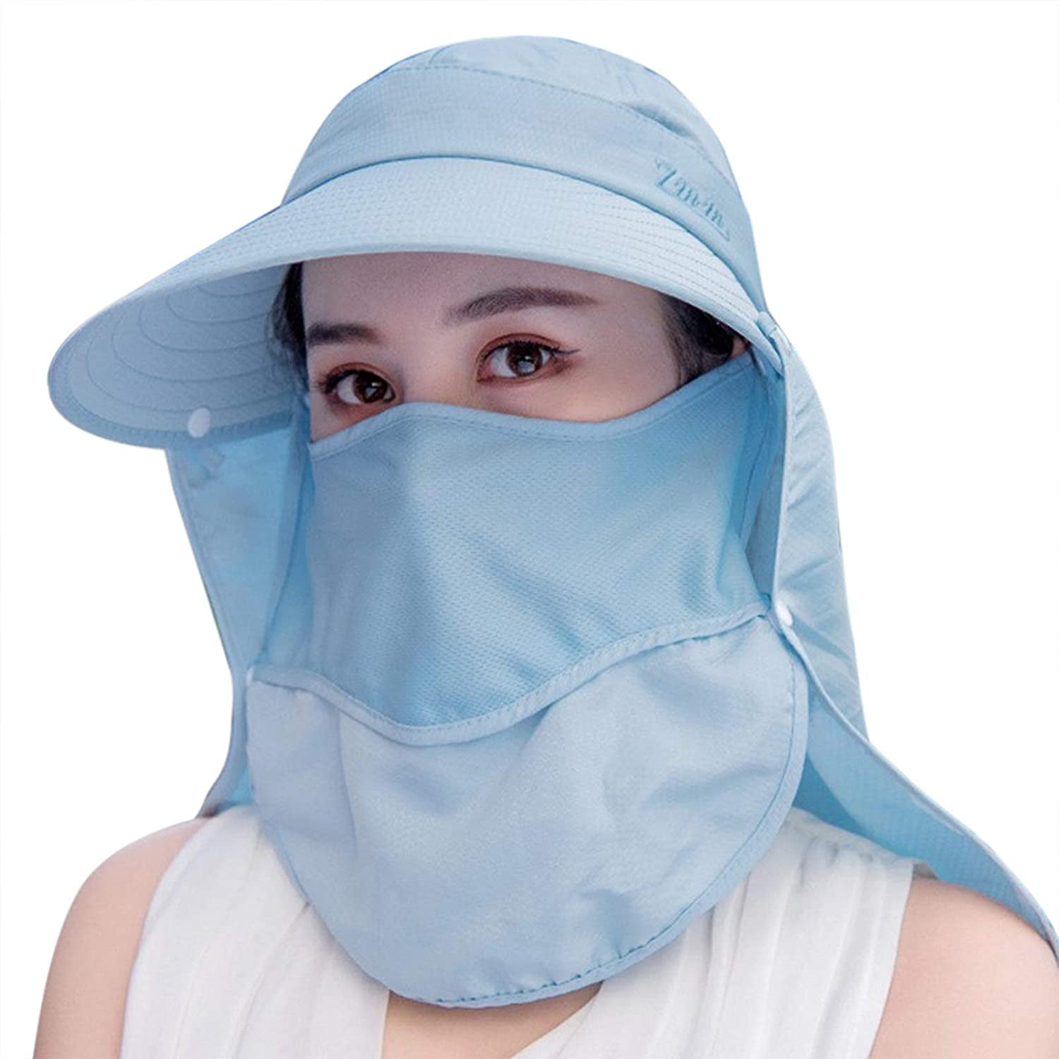 Women Sun Wide Brim UV Protection Fishing Hats Foldable Ponytail Summer Hat with Detachable Flap Apparel & Accessories > Clothing Accessories > Hats HICOSKY Blue  