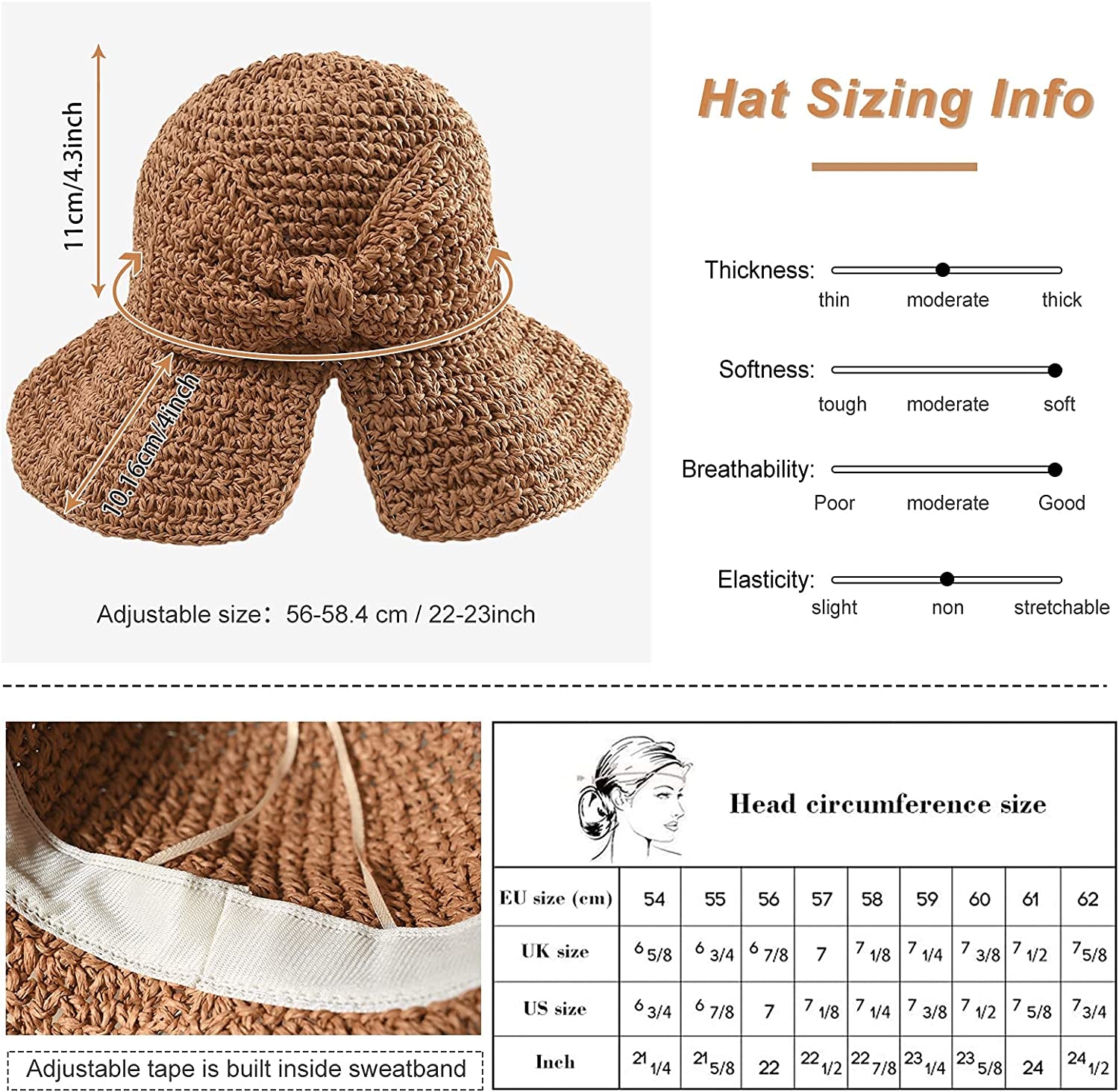 Foldable Wide Brim Floppy Straw Beach Sun Hat,Summer Cap with Bowknot for Women Girls,Strap Adjustable Apparel & Accessories > Clothing Accessories > Hats Bseash   