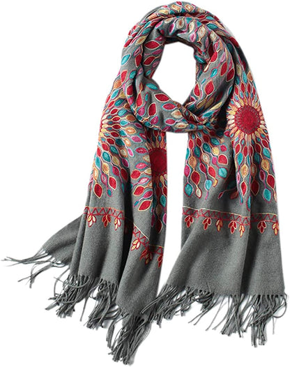 Women'S Embroidered Oversize Tassel Shawl Scarf Wraps for Women Apparel & Accessories > Clothing Accessories > Scarves & Shawls Urban CoCo Gray  
