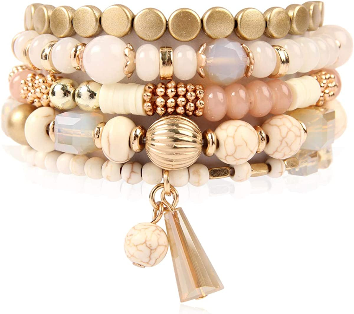 Bohemian Mix Bead Multi Layer Versatile Statement Bracelets - Stackable Beaded Strand Stretch Bangles Sparkly Crystal, Tassel Charm Apparel & Accessories > Jewelry > Bracelets RIAH FASHION Natural  