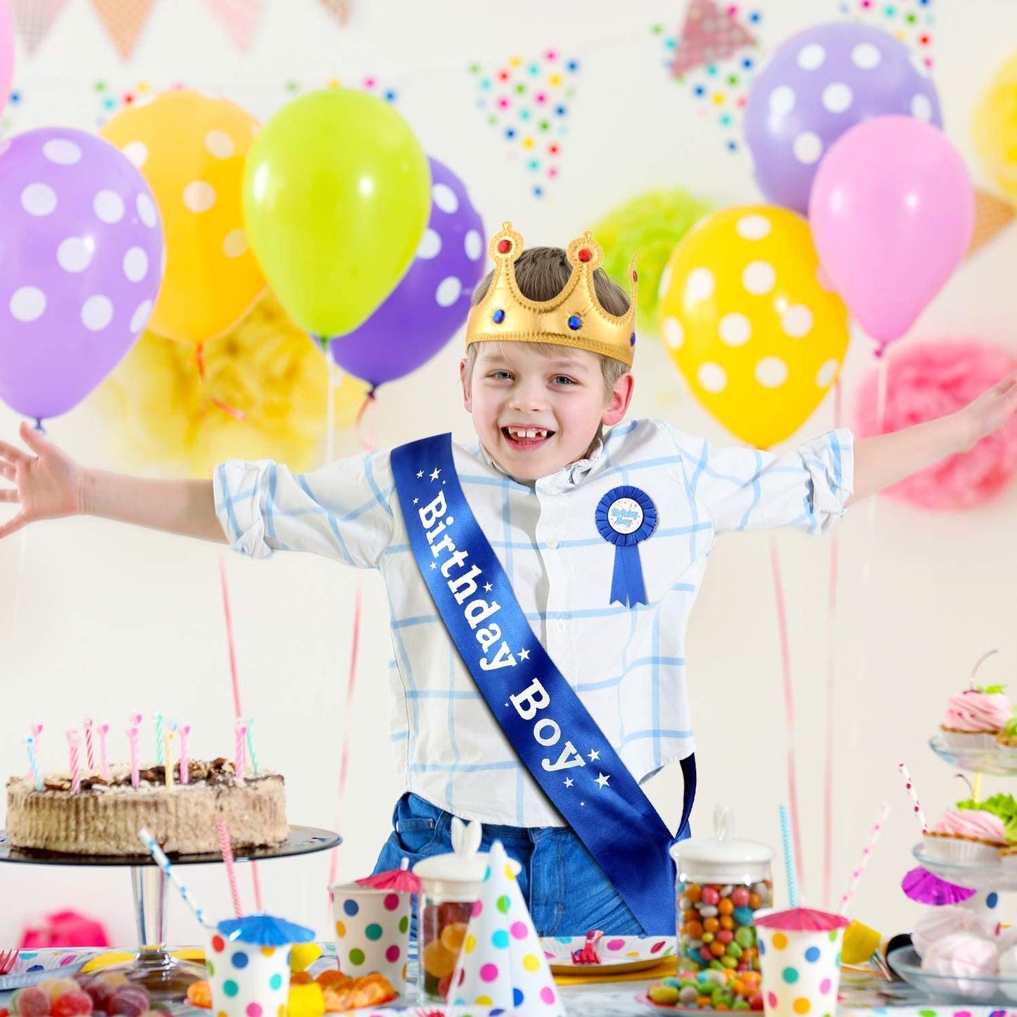 Birthday King Crown, Birthday Sash and Button Pins Birthday Party Accessory Set for Boys Kids Theme Birthday Dress Birthday Party Decoration Apparel & Accessories > Clothing Accessories > Sashes WILLBOND   