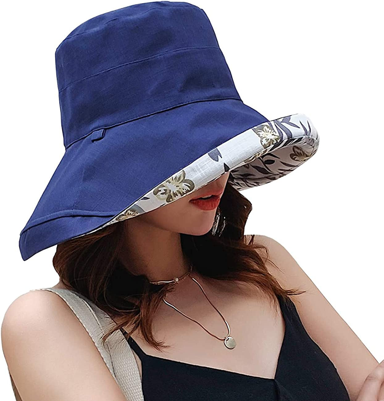 Farodor Women'S Packable Reversible Bucket Hat UV Sun Protection Wide Brim Summer Beach Cap Apparel & Accessories > Clothing Accessories > Hats FaroDor 2floral-navy Blue  
