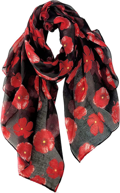GERINLY Red Poppy Flower Scarfs for Women Lightweight Florals Shawl Wraps Spring Travel Accessory Apparel & Accessories > Clothing Accessories > Scarves & Shawls GERINLY Black  
