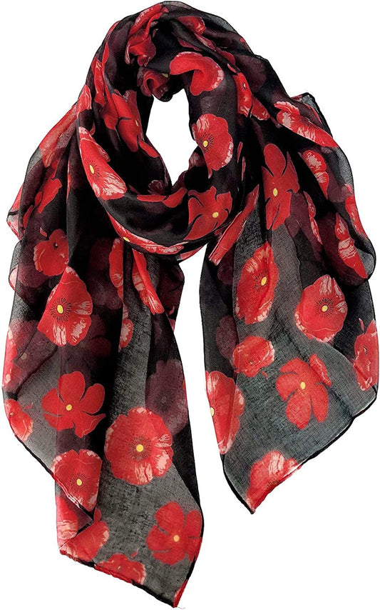 GERINLY Red Poppy Flower Scarfs for Women Lightweight Florals Shawl Wraps Spring Travel Accessory Apparel & Accessories > Clothing Accessories > Scarves & Shawls GERINLY Black  