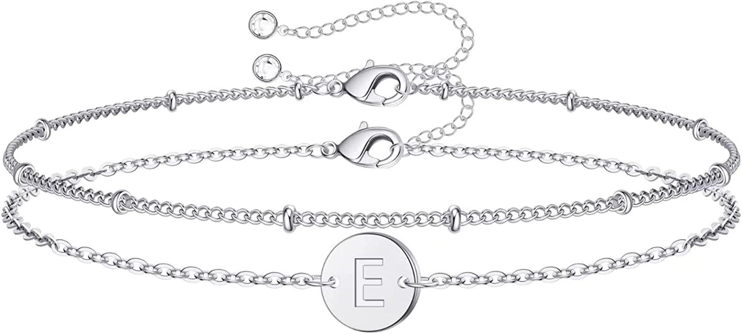 Silver Initial Bracelets for Women Teen Girls, 14K White Gold Filled Layered Letter Initial Bracelet Dainty Disc Initial Charm Bracelets Silver Bracelets for Women Girls Jewelry Gifts for Girls Apparel & Accessories > Jewelry > Bracelets MONOZO E  