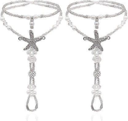 Bellady Foot Jewelry Barefoot Sandals for Women Wedding, Starfish Ankle Bracelet with Rhinestone 1 Pair Apparel & Accessories > Jewelry > Anklets Bellady White  