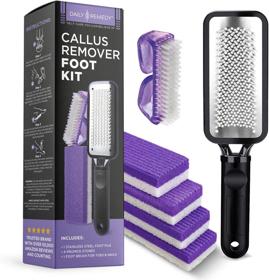 DAILY REMEDY Foot Callus Remover Set - Includes 1 Stainless Rasp Foot File, 4 Premium Pumice Stone and 1 Nail Brush, Best Foot Care Pedicure Tools to Remove Hard Dry Skin (Purple) Health & Beauty > Personal Care > Foot Care DAILY REMEDY Purple  