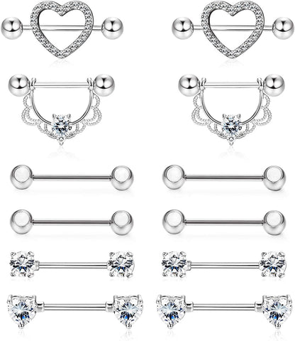 FINREZIO 6-8 Pairs 14G Nipple Rings 316L Surgical Steel Heart CZ Tongue Barbell Body Piercing Shield Ring Set 5/8 Inches Apparel & Accessories > Jewelry > Body Jewelry FINREZIO SILVER  