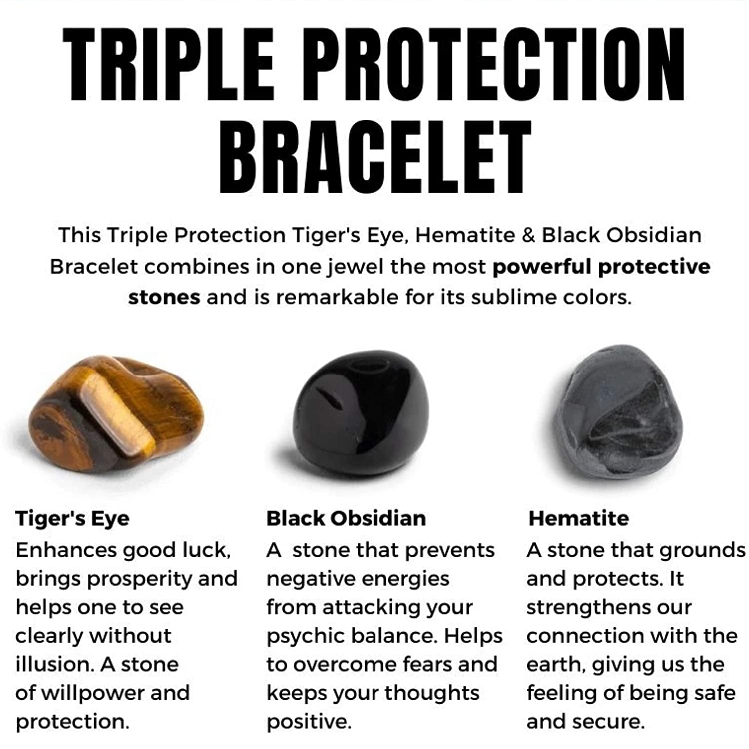 Triple Protection Bracelet - for Protection - Bring Luck and Prosperity - Hematite - Black Obsidian - Tiger Eye - Stone Bracelets Apparel & Accessories > Jewelry > Bracelets Crystal Agate Bracelets   